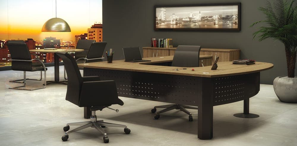 Estação de Trabalho em C, painel frontal em aço – Impéria Premium